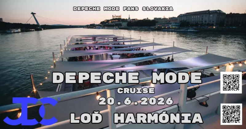 Malebná riečna plavba pri západe slnka s moderným mostom a panorámou mesta. Scénu prekrýva text „Depeche Mode Cruise 20.6.2026 Loď Harmónia“.