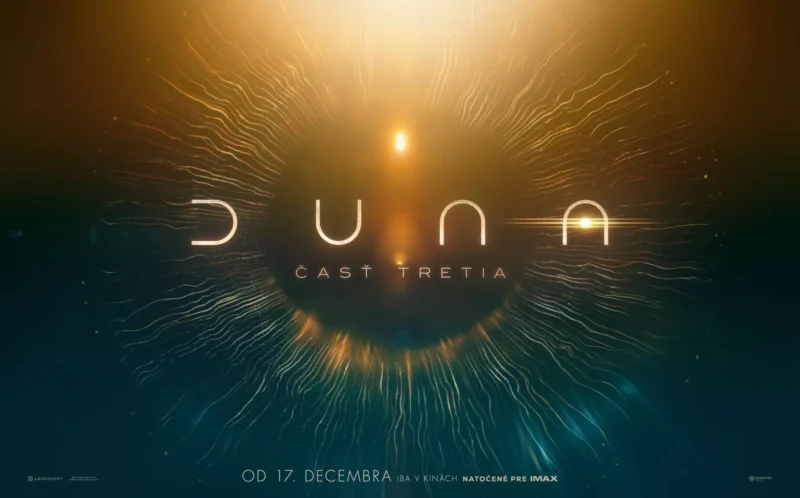 Žiarivý kruhový vzor s éterickými čiarami obklopuje názov „Dune: Časť Tretia“ na kozmickom pozadí. Dátum vydania: 17. decembra.