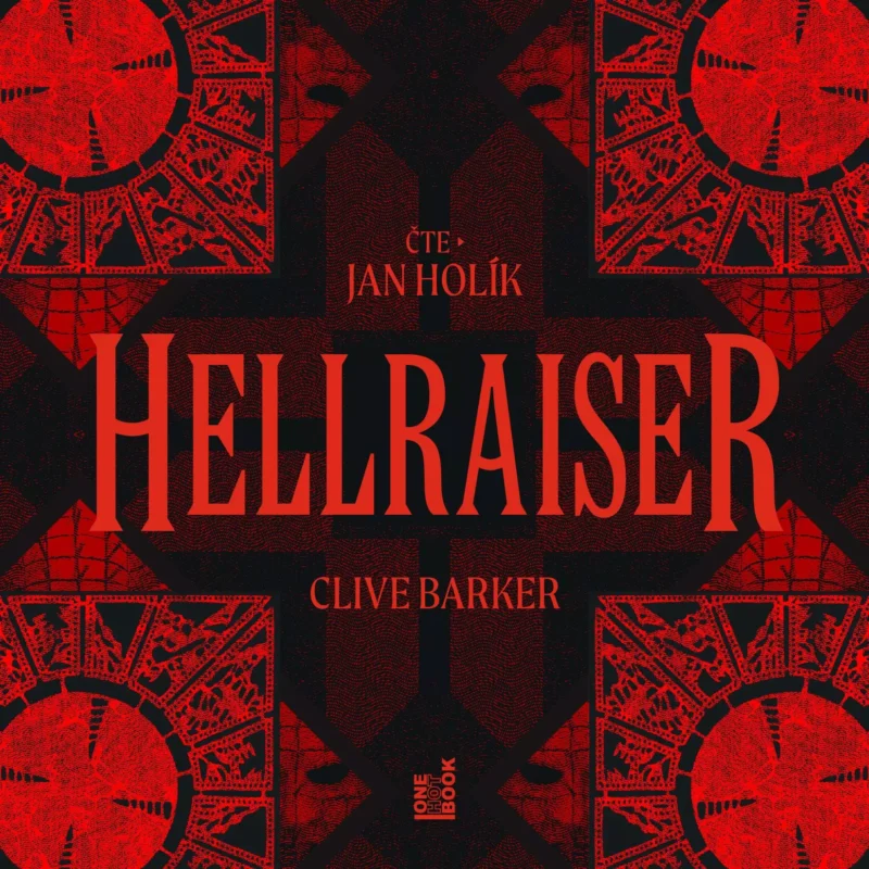 Tučný červený text s nápisom „Hellraiser“ od Clivea Barkera na tmavom, zložitom, geometrickom pozadí s kruhovými vzormi vytvára tajomný a strašidelný tón.