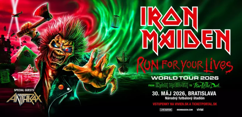 Hrozivá postava s rozstrapatenými vlasmi a žiariacimi očami sa naťahuje dopredu. Pirátske lode, červené a zelené odtiene. Text: Iron Maiden, „Run For Your Lives“, podrobnosti o turné 2026. Energická a intenzívna atmosféra.
