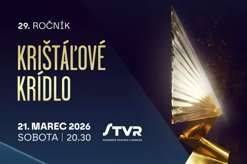 Elegantný propagačný plagát k 29. ročníku udeľovania cien Krištáľové krídla s krištáľovou trofejou na tmavomodrom pozadí. Dátum a čas, 21. marca 2026, 20:30, s logom STVR, vyžarujú formálny a prestížny tón.