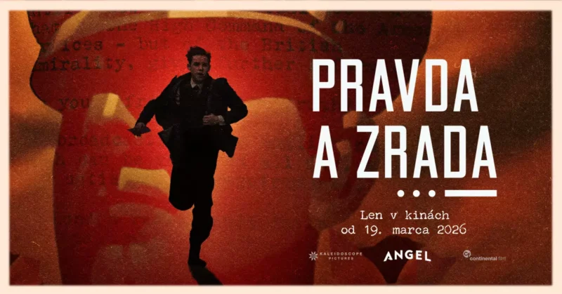 Muž v obleku intenzívne beží na červenom pozadí s veľkou tvárou a textom. Tučný biely text „Pravda a Zrada“ naznačuje záujmy.