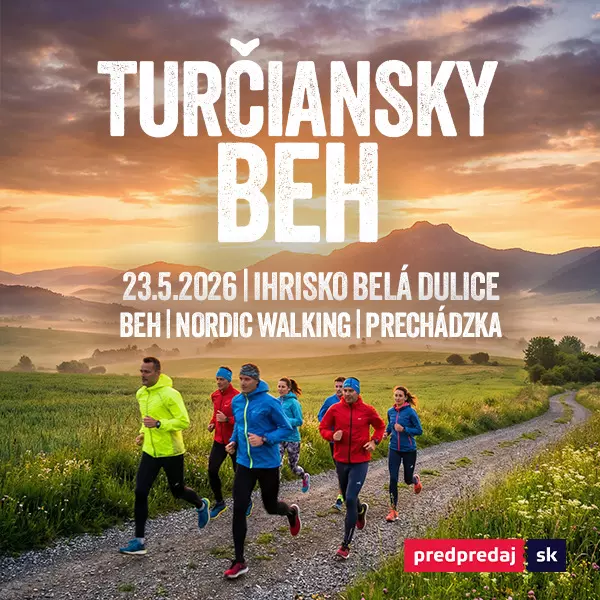 Skupina ľudí behať na vidieckej ceste pri východe slnka, hory v pozadí. Text akcie: "Turčiansky Beh, 23.5.2026, Ihrisko Belá-Dulice".