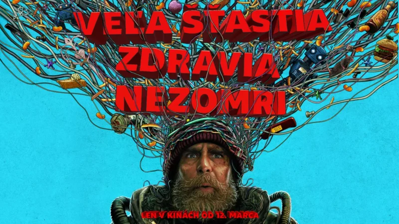 Bradatý muž s klobúkom hľadí nahor s prekvapeným výrazom. Nad ním vytvárajú chaos zamotané predmety a drôty na modrom pozadí s výrazným červeným textom nad hlavou. Nálada je chaotická a komická.