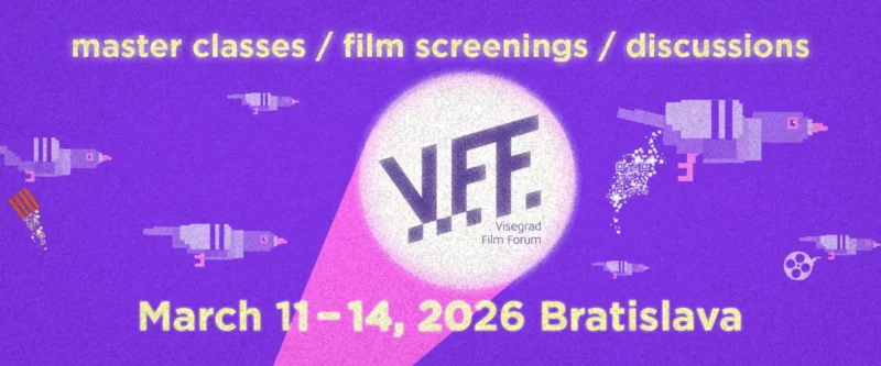 Fialový plagát s filmovou technikou v retro štýle a UFO. Text: „majstrovské kurzy / filmové premietania / diskusie. VFF, 11. – 14. marca 2026, Bratislava.“