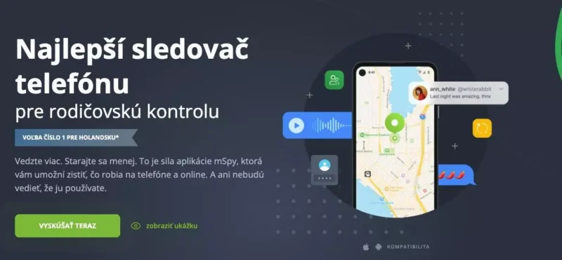 Reklama na aplikáciu na sledovanie telefónu zdôrazňuje funkcie rodičovskej kontroly. Zahŕňa mapu na obrazovke telefónu, upozornenia na správy a ikony ovládania. Text v slovenčine propaguje popularitu aplikácie v Holandsku a ponúka skúšobnú verziu.