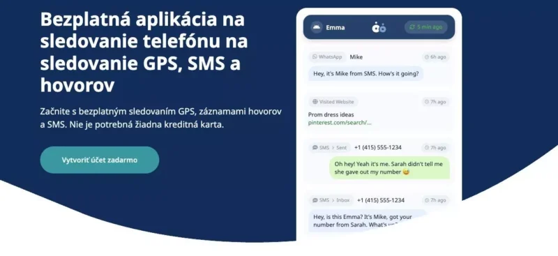 Reklama na bezplatnú aplikáciu na sledovanie telefónu. Text v slovenčine popisuje monitorovanie GPS, SMS a hovorov. Obsahuje snímku obrazovky rozhrania chatu.