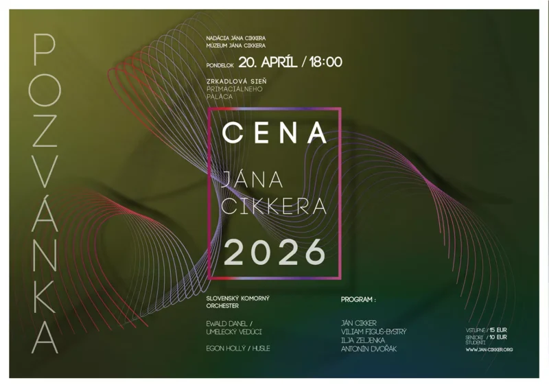 Pozvánka na Cenu Jána Cikkera 2026. Tmavé pozadie s farebnými vlnitými čiarami. Podrobnosti o podujatí a dátum (20. apríla) sú zobrazené na viditeľnom mieste.