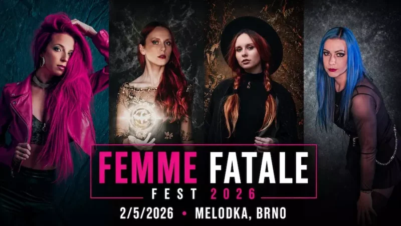 Štyri ženy so žiarivými vlasmi a výraznými outfitmi reprezentujú Femme Fatale Fest 2026. Podrobnosti o podujatí „2/5/2026 • Melodka, Brno“ sú uvedené nižšie.