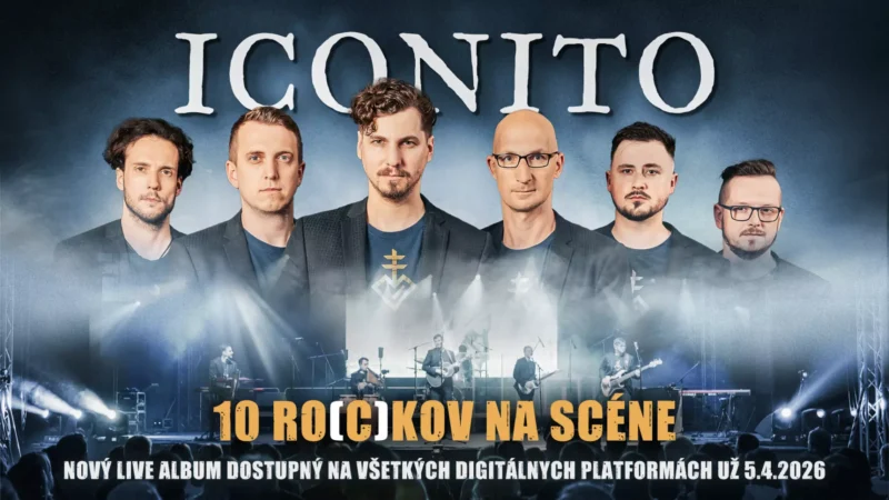 Obrázok kapely Iconito s piatimi členmi otočenými dopredu. Bannerový text zdôrazňuje vydanie ich živého albumu 5. apríla 2026. Koncertné pódium s osvetlením v pozadí vytvára energickú atmosféru.