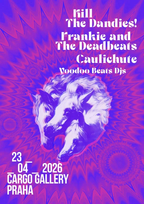 Psychedelický koncertný plagát s vírivými modrými a ružovými vzormi, na ktorom sú vyobrazené tri biele konské hlavy. Názvy kapiel a podrobnosti o podujatí sú vyznačené tučným bielym písmom.