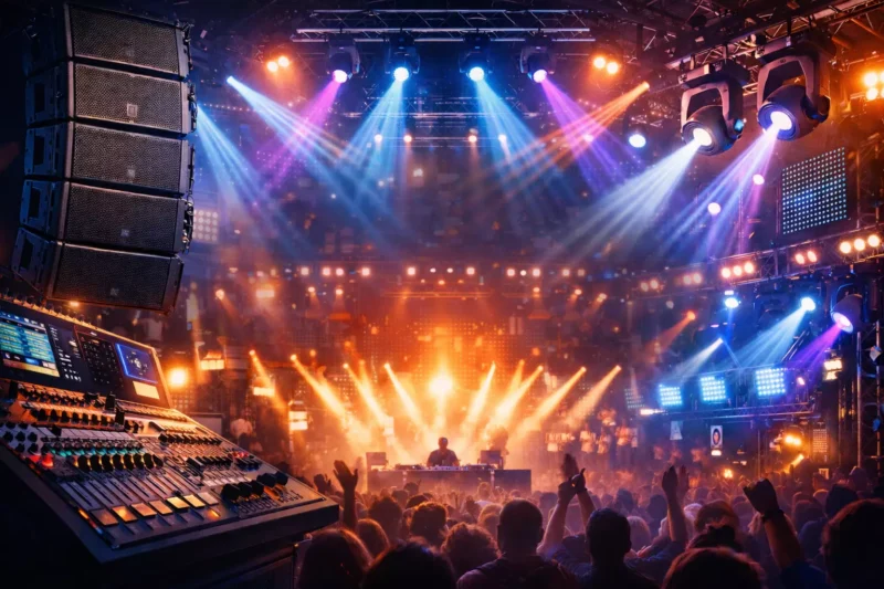 DJ vystupuje na pódiu uprostred žiarivých svetiel a jásajúceho davu v živom koncertnom prostredí. V popredí je viditeľný zvukový mixážny pult a reproduktory.