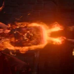 Dve postavy v nočnej bitke: bojovník v prilbe vyžaruje ohnivú energiu a stretáva sa s protivníkom v bielej košeli a červenej šerpe. Intenzívne a dramatické.