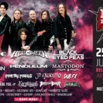 Plagát festivalu „Rock Pod Kameňom“, na ktorom vystúpia kapely ako Europe, Helloween a Black Eyed Peas. Termín: 25. – 27. júna 2026. Živý, energický dizajn.