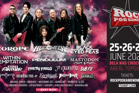 Plagát festivalu „Rock Pod Kameňom“, na ktorom vystúpia kapely ako Europe, Helloween a Black Eyed Peas. Termín: 25. – 27. júna 2026. Živý, energický dizajn.
