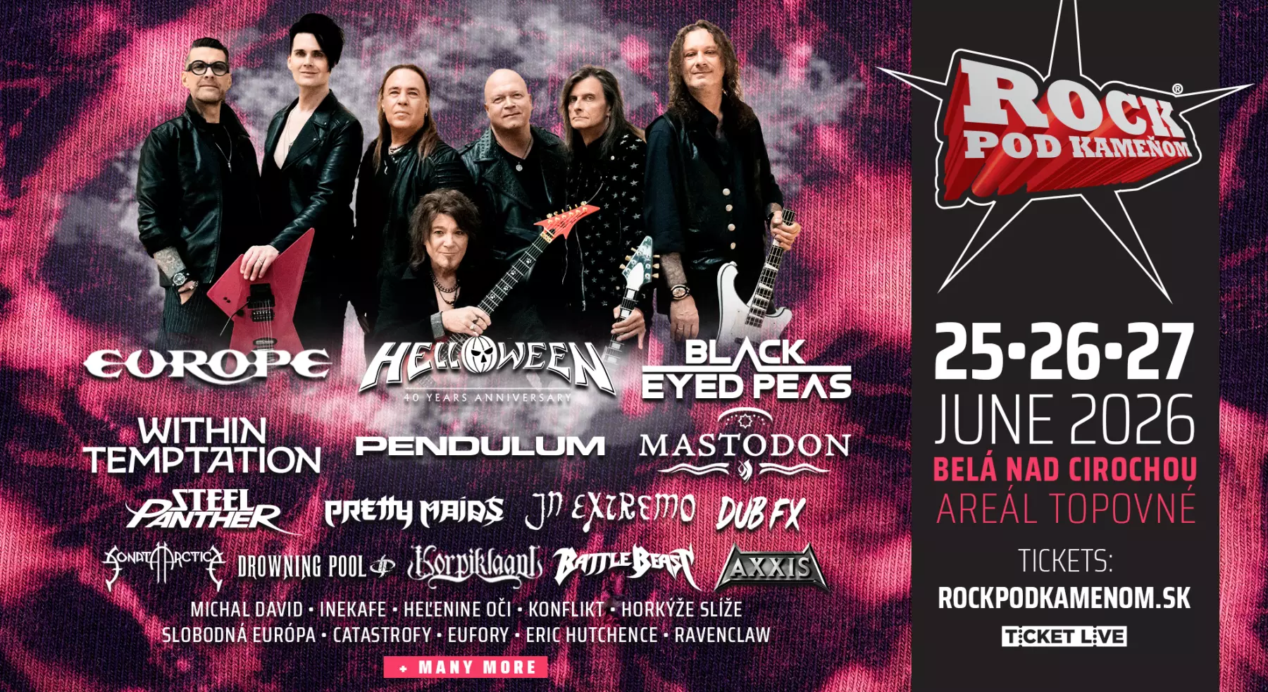 Plagát festivalu „Rock Pod Kameňom“, na ktorom vystúpia kapely ako Europe, Helloween a Black Eyed Peas. Termín: 25. – 27. júna 2026. Živý, energický dizajn.