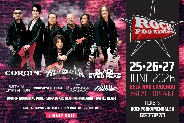 Plagát festivalu „Rock pod Kameňom“ zobrazuje hudobníkov s elektrickými gitarami. Medzi uvedenými kapelami sú Europe a Helloween. Dátum podujatia: 25. – 27. júna 2026.