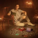 Človek sedí na podlahe v slabo osvetlenej miestnosti so sviečkami a drží knihu. Fotografie sú roztrúsené okolo a vytvárajú nostalgickú, kontemplatívnu atmosféru.