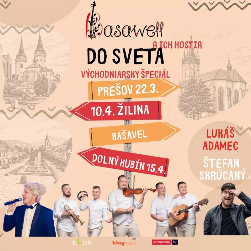 Plagát k sérii podujatí "Bašavel" s účinkujúcimi s hudobnými nástrojmi. Dátumy a miesta sú uvedené na šípkach. Teplé, príjemné tóny.