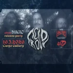 Temný, mystický koncertný plagát pre párty pri príležitosti vydania albumu „Magic“ skupiny AcidRow, ktorá sa bude konať 16.5.2026 v Cargo Gallery. Obsahuje éterickú fotografiu kapely a motívy nebeských hviezd.