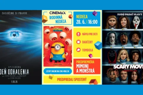 Tri filmové plagáty vystavené vedľa seba. Vľavo: Tmavý plagát s veľkým okom a textom „Deň Odhalenia“ s futuristickou tematikou. V strede: Jasný, farebný plagát k filmu „Mimoni a monštra“ s Mimonom a očami okolo neho, propagujúci rodinnú udalosť 28. júna o 16:00. Vpravo: Plagát k filmu „Scary Movie“ s komediálnymi hororovými prvkami s rôznymi tvárami a maskami postáv. Celkový tón je zmesou dramatického, hravého a humorného.