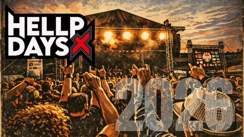 Živá koncertná scéna s jásajúcim davom pod osvetleným pódiom za súmraku. Nápadný text „HELLP DAYS X“ a „2026“. Energická, živá atmosféra.