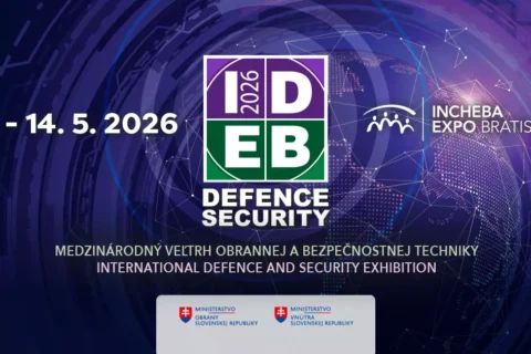 Fialovo-modrý banner s digitálnou tematikou pre výstavu obrany a bezpečnosti IDEB 2026. Dátum: 12. – 14. mája 2026. Miesto: Incheba Expo, Bratislava. Logá a text sú súčasťou balenia.
