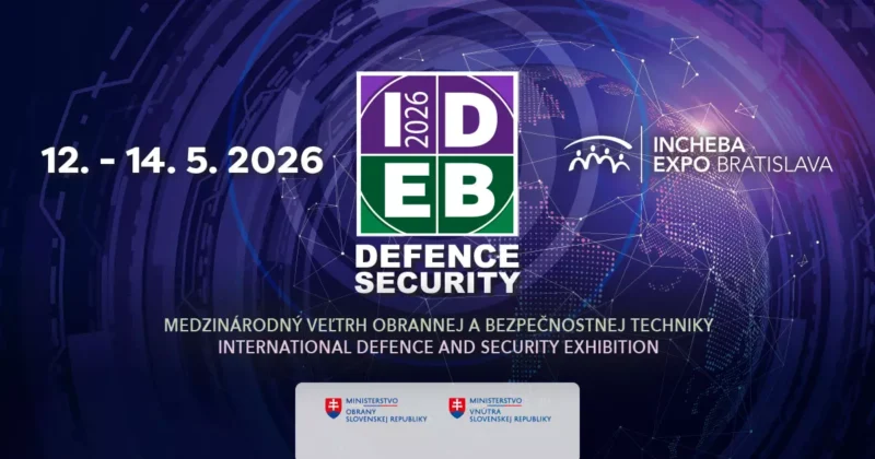 Fialovo-modrý banner s digitálnou tematikou pre výstavu obrany a bezpečnosti IDEB 2026. Dátum: 12. – 14. mája 2026. Miesto: Incheba Expo, Bratislava. Logá a text sú súčasťou balenia.
