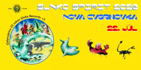 Žltý plagát podujatia „Slnko Spirit 2020“ v Novej Cvernovke, 22. júla. Obsahuje rozmarné ilustrácie zvierat a kruhový dizajn s prírodnou tematikou.