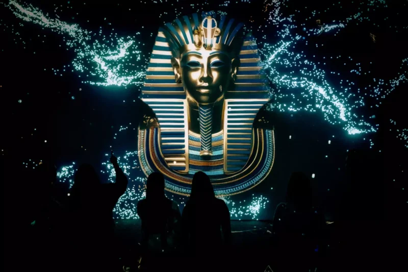Zlatá egyptská faraónova maska ​​s modrými akcentmi je osvetlená na tmavom pozadí. Siluety ľudí stoja s úžasom a hľadia na exponát. Masku obklopujú trblietavé svetlá, ktoré vytvárajú mystickú atmosféru.
