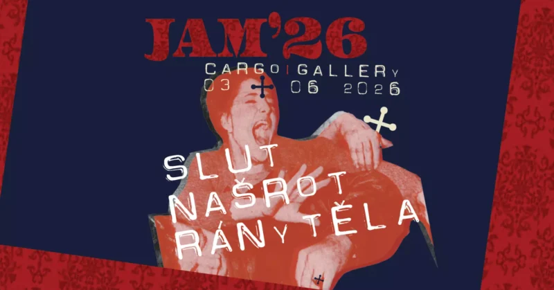 Koncertný plagát pre JAM'26 v Cargo Gallery 3. júna 2026. Obsahuje štylizovaný obraz expresívnej osoby so žiarivými farbami a umeleckým textom.