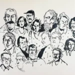 Súbor načrtnutých tvárí zobrazujúcich rôzne výrazy, od vážnych až po zamyslené. Čierne atramentové čiary vytvárajú výrazný, intenzívny tón na jednoduchom pozadí.