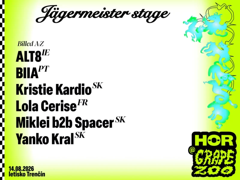 Plagát s programom vystúpení Jägermeister pre festival na letisku v Trenčíne, 14.08.2026. Neónové jednorožce vpravo, šachovnicový vzor vľavo, živé a zároveň odvážne.