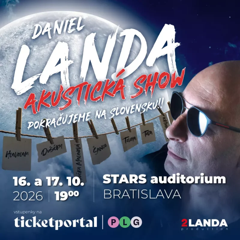 Koncertný plagát akustického vystúpenia Daniela Landu s modrým mesiacom, zavesenými notami a detailným záberom muža v slnečných okuliaroch. Podujatie v Bratislave, október 2026.