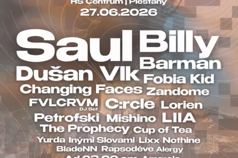 Festivalový plagát pre Dropeak Festival 27. júna 2026 v Piešťanoch. Medzi hlavnými účinkujúcimi sú Saul, Billy Barman, Dušan Vlk. Rôzne logá a pixelované pozadie.