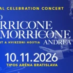 Koncertný plagát s modrým pozadím, na ktorom je portrét Ennia Morriconeho a dirigent v akcii. Text s podrobnosťami o koncerte, ktorý sa konal 10. 11. 2026 v Tipos Aréne Bratislava.
