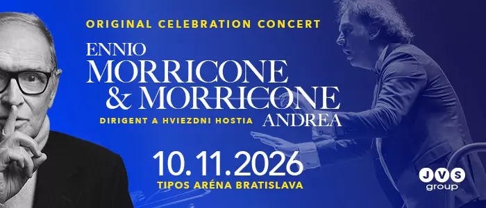 Koncertný plagát s modrým pozadím, na ktorom je portrét Ennia Morriconeho a dirigent v akcii. Text s podrobnosťami o koncerte, ktorý sa konal 10. 11. 2026 v Tipos Aréne Bratislava.