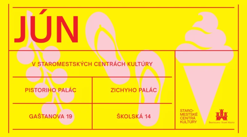 Jasnožltý plagát podujatia s červeným textom „JÚN“ a ružovými ikonami žabiek, lesných plodov a zmrzliny. Uvádza miesta konania ako Pistorioho palác a Zichyho palác.