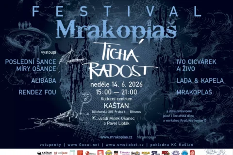 Plagát festivalu Mrakoplaš s abstraktnou tmavomodrou grafikou. Zoznam kapiel ako "Tichá Radost." Podrobnosti: 14.6.2026 od 15:00 do 21:00, Kultúrne centrum Kaštan.