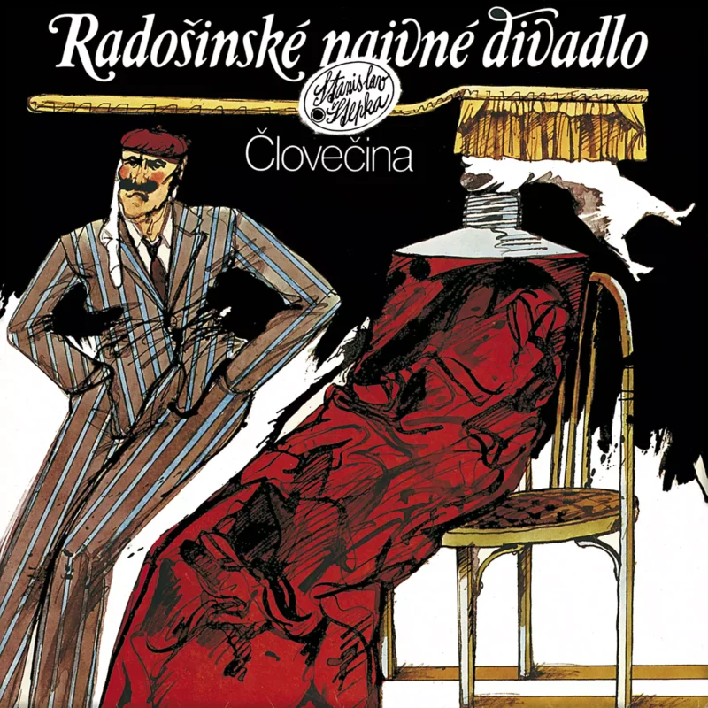 Ilustrovaná obálka s mužom v pruhovanom obleku a baretke, ktorý sebavedomo stojí. Červená látka veje zo stoličky vedľa skákajúceho psa pod závesom.