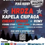Plagát "Svätojánska Noc Plná Hudby" 20. júna 2026 v Amfiteátri Pohorelá. Účinkujú kapely ako Hrdza, Cherry Street. Hviezdne nočné pozadie, dole logá sponzorov.