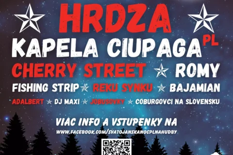 Plagát "Svätojánska Noc Plná Hudby" 20. júna 2026 v Amfiteátri Pohorelá. Účinkujú kapely ako Hrdza, Cherry Street. Hviezdne nočné pozadie, dole logá sponzorov.