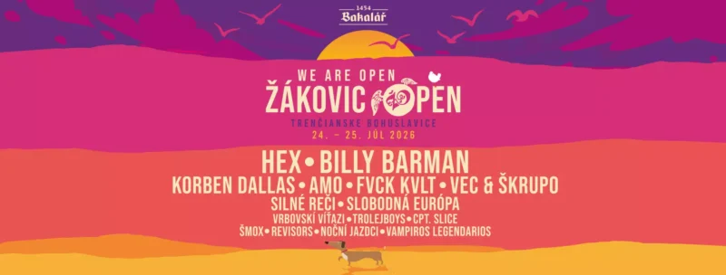Plagát festivalu „Žákovic Open“ v Bošáci na Slovensku, 24. – 25. júla 2026. Zobrazuje žiarivé farby západu slnka s názvami kapiel ako HEX a Billy Barman.