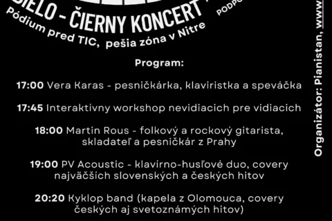 Čiernobiely koncertný plagát s dizajnom klavírnej klávesy. Termín podujatia: 15. august 2026, 17:00-22:00. Ponúka predstavenia a workshopy so slovenskými a českými umelcami.