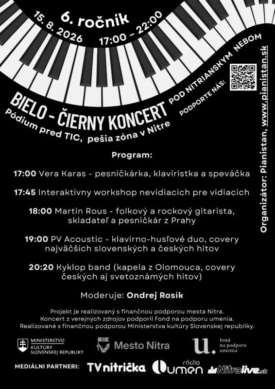 Čiernobiely koncertný plagát s dizajnom klavírnej klávesy. Termín podujatia: 15. august 2026, 17:00-22:00. Ponúka predstavenia a workshopy so slovenskými a českými umelcami.