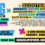 Plagát pre B.I.G. Summer Fest 2026 na Zelenej Vode obsahuje headlinerov ako Scooter, Arash a Inna. Jasné farby vyjadrujú energiu a vzrušenie.
