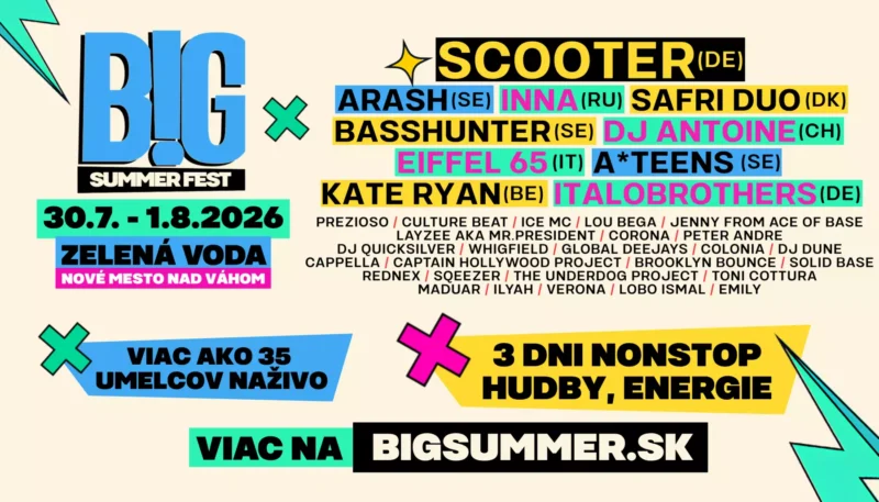 Plagát pre B.I.G. Summer Fest 2026 na Zelenej Vode obsahuje headlinerov ako Scooter, Arash a Inna. Jasné farby vyjadrujú energiu a vzrušenie.