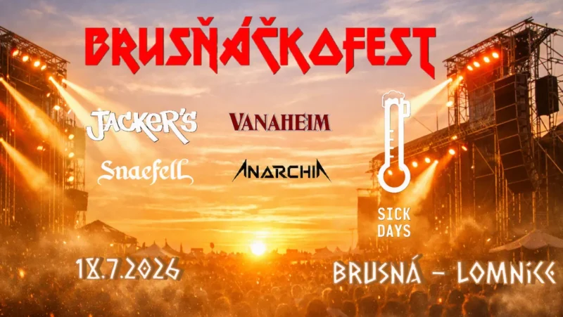 Leták koncertu pre "Brušáčkofest" s názvami kapiel: Jacker's, Vanaheim, Snaefell, Anarchia, Sick Days. Dátum: 18.7.2026, Miesto: Brušná-Lomnice. Pozadie: žiarivý západ slnka so svetlami pódia a davom.