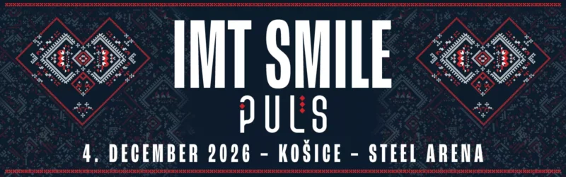 Banner na koncert "IMT Smile Puls" 4. decembra 2026 v košickej Steel Aréne. S tradičnými vzormi v tmavomodrej a červenej farbe a bielym textom.