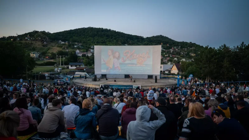 Premietanie filmu vonku za súmraku s veľkým osvetleným plátnom, na ktorom sa premieta film. Veľký dav sedí na dekách na trávnatom kopci, obklopený stromami a vzdialenými domami.